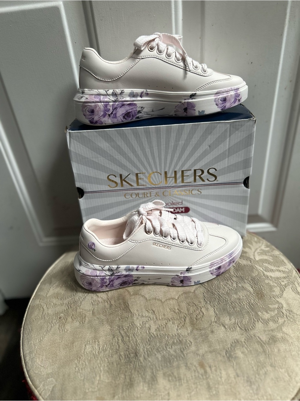 Skechers Women's White Cordova Classic  Purple Painted Floral Platform Sneakers